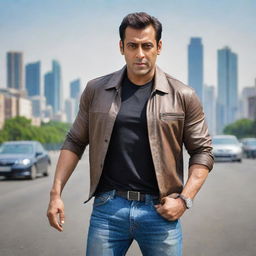 A realistic rendition of Salman Khan, a well-known Bollywood actor, posing on an open road during daytime, against a backdrop of cityscape.