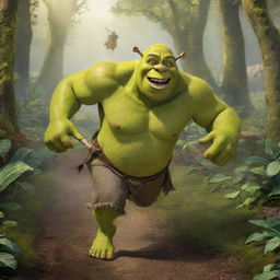 Shrek, the iconic green ogre, dynamically sprinting through a dense, vibrant jungle. He is in hot pursuit of a terrified man brandishing a pitchfork.