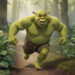 Shrek, the iconic green ogre, dynamically sprinting through a dense, vibrant jungle. He is in hot pursuit of a terrified man brandishing a pitchfork.