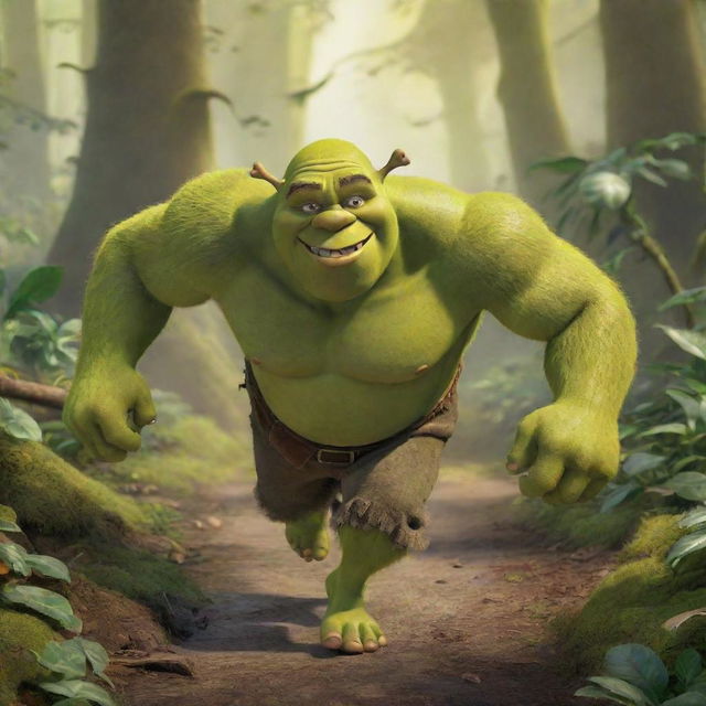 Shrek, the iconic green ogre, dynamically sprinting through a dense, vibrant jungle. He is in hot pursuit of a terrified man brandishing a pitchfork.