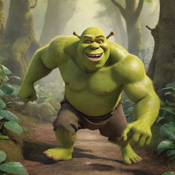 Shrek, the iconic green ogre, dynamically sprinting through a dense, vibrant jungle. He is in hot pursuit of a terrified man brandishing a pitchfork.