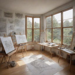 An intricate sketch showcasing an art studio with a captivating perspective. The studio's two side walls are entirely of transparent glass, amplifying the light inside. Visible are easels, drawing papers, and assortment of art tools.