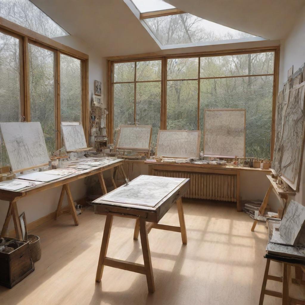 An intricate sketch showcasing an art studio with a captivating perspective. The studio's two side walls are entirely of transparent glass, amplifying the light inside. Visible are easels, drawing papers, and assortment of art tools.