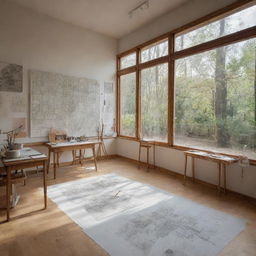 An intricate sketch showcasing an art studio with a captivating perspective. The studio's two side walls are entirely of transparent glass, amplifying the light inside. Visible are easels, drawing papers, and assortment of art tools.