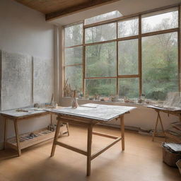 An intricate sketch showcasing an art studio with a captivating perspective. The studio's two side walls are entirely of transparent glass, amplifying the light inside. Visible are easels, drawing papers, and assortment of art tools.