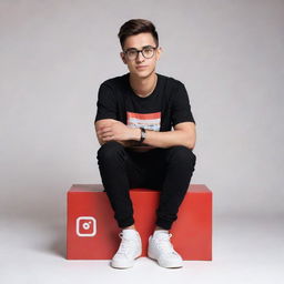 Generate a 3D image of a 23-24 year old boy sitting on a miniature Instagram logo box. He's wearing a black casual outfit and transparent glasses. The background features an Instagram profile with the name 'Tahajuddin Sk' in large, red capital letters.