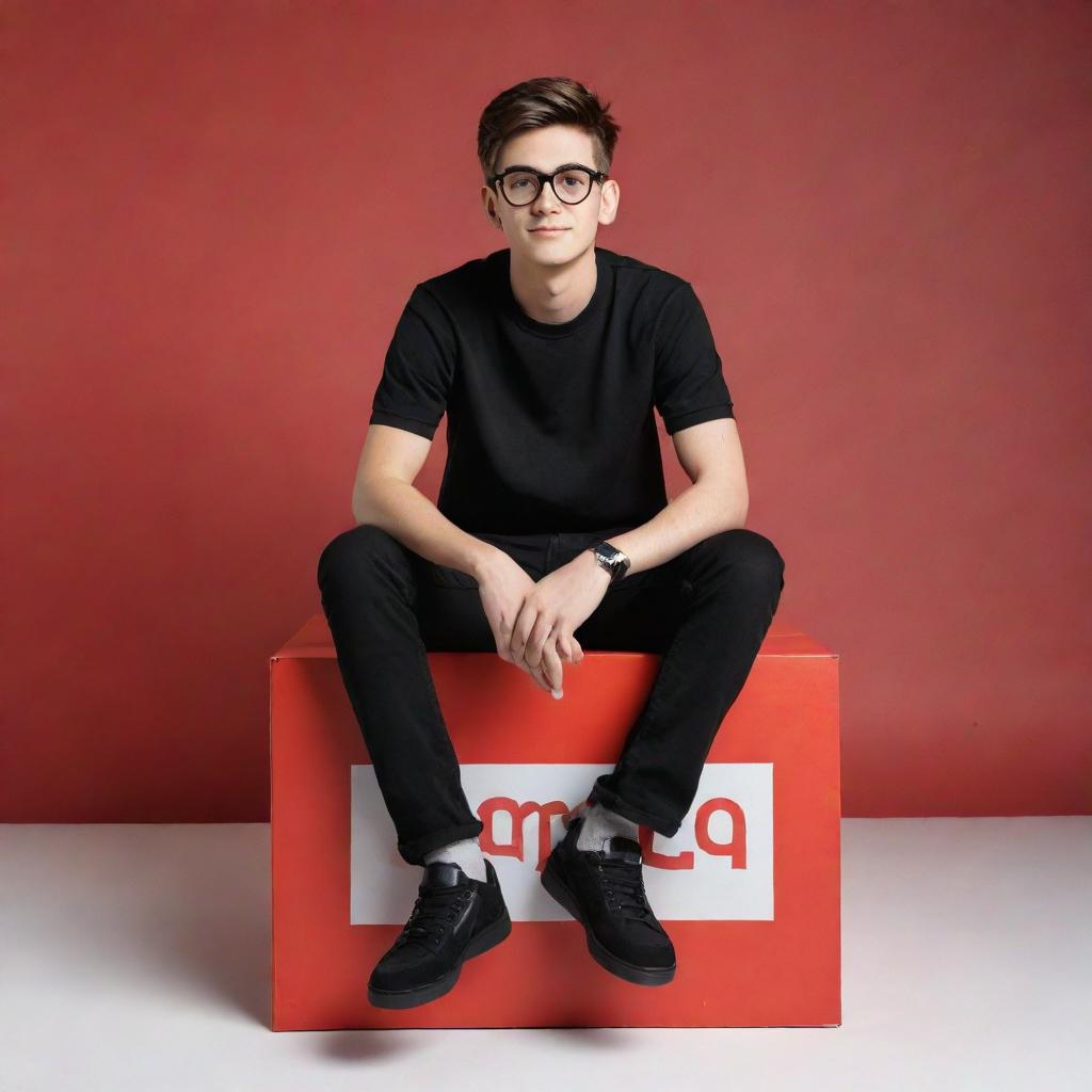 Generate a 3D image of a 23-24 year old boy sitting on a miniature Instagram logo box. He's wearing a black casual outfit and transparent glasses. The background features an Instagram profile with the name 'Tahajuddin Sk' in large, red capital letters.