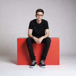 Generate a 3D image of a 23-24 year old boy sitting on a miniature Instagram logo box. He's wearing a black casual outfit and transparent glasses. The background features an Instagram profile with the name 'Tahajuddin Sk' in large, red capital letters.