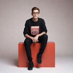 Generate a 3D image of a 23-24 year old boy sitting on a miniature Instagram logo box. He's wearing a black casual outfit and transparent glasses. The background features an Instagram profile with the name 'Tahajuddin Sk' in large, red capital letters.