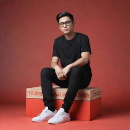 A 3D image of a 23 to 24 year old boy sitting on a stylised Instagram logo box, dressed in black casual attire and wearing transparent glasses. The background displays the name 'Tahajuddin Sk' in large, red capital letters on an Instagram profile. 