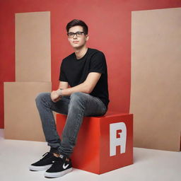 A 3D image of a 23 to 24 year old boy sitting on a stylised Instagram logo box, dressed in black casual attire and wearing transparent glasses. The background displays the name 'Tahajuddin Sk' in large, red capital letters on an Instagram profile. 