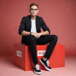 A 3D image of a 23 to 24 year old boy sitting on a stylised Instagram logo box, dressed in black casual attire and wearing transparent glasses. The background displays the name 'Tahajuddin Sk' in large, red capital letters on an Instagram profile. 