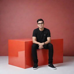 A 3D image of a 23 to 24 year old boy sitting on a stylised Instagram logo box, dressed in black casual attire and wearing transparent glasses. The background displays the name 'Tahajuddin Sk' in large, red capital letters on an Instagram profile. 