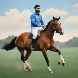 Illustration of Virat Kohli riding a horse on a large grassy field.