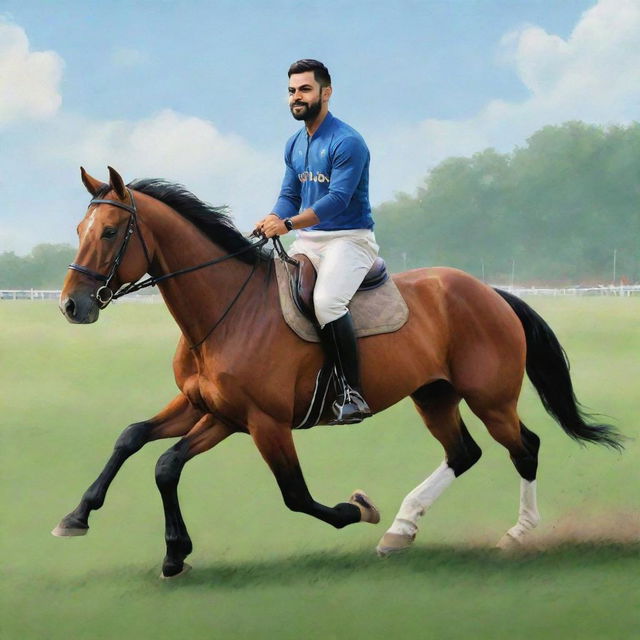 Illustration of Virat Kohli riding a horse on a large grassy field.