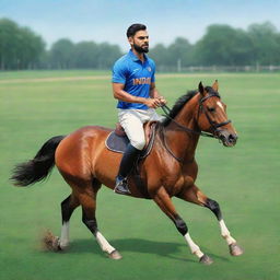 Illustration of Virat Kohli riding a horse on a large grassy field.