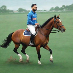 Illustration of Virat Kohli riding a horse on a large grassy field.