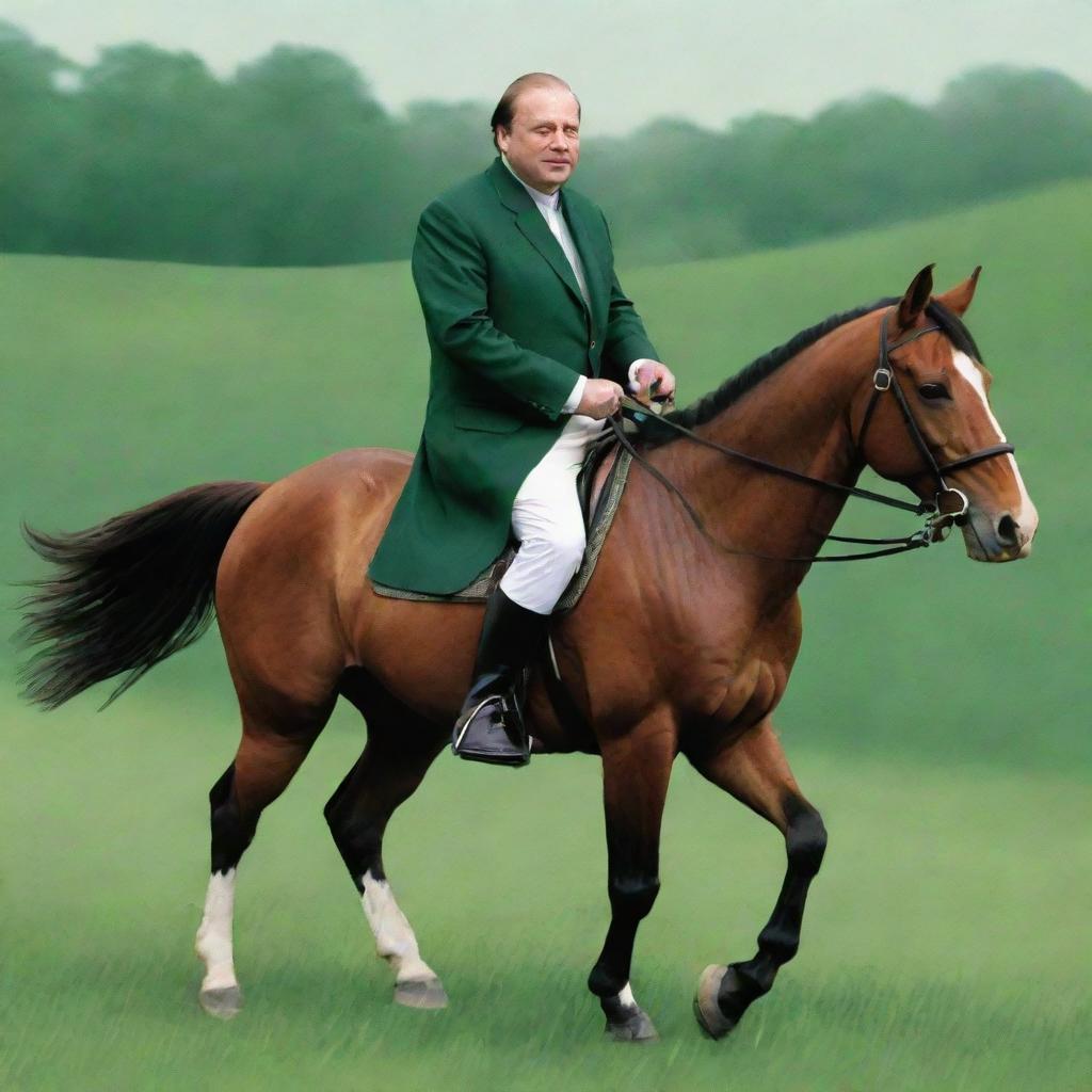 A detailed illustration of Nawaz Sharif gallantly riding a horse across a lush green field.