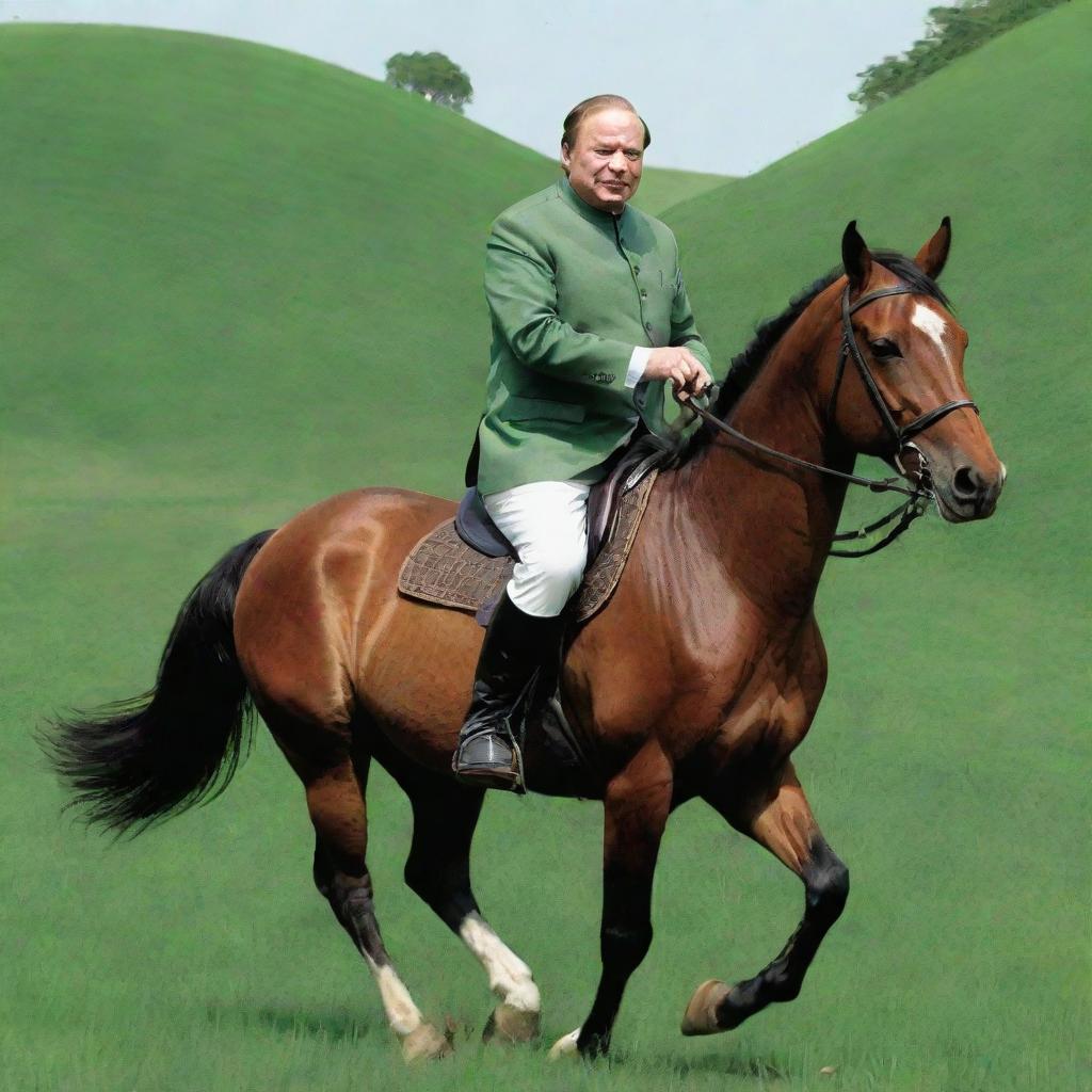 A detailed illustration of Nawaz Sharif gallantly riding a horse across a lush green field.