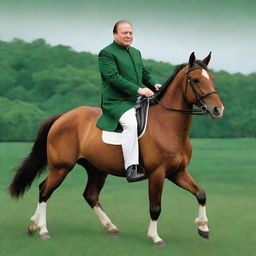 A detailed illustration of Nawaz Sharif gallantly riding a horse across a lush green field.