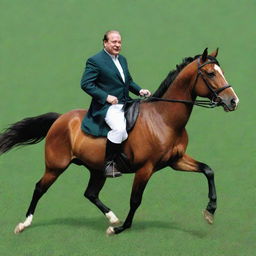 A detailed illustration of Nawaz Sharif gallantly riding a horse across a lush green field.