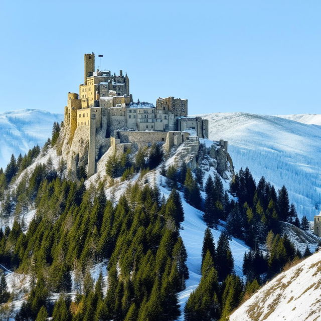 A majestic medieval castle perched atop a rugged, snow-capped mountain under a clear blue sky