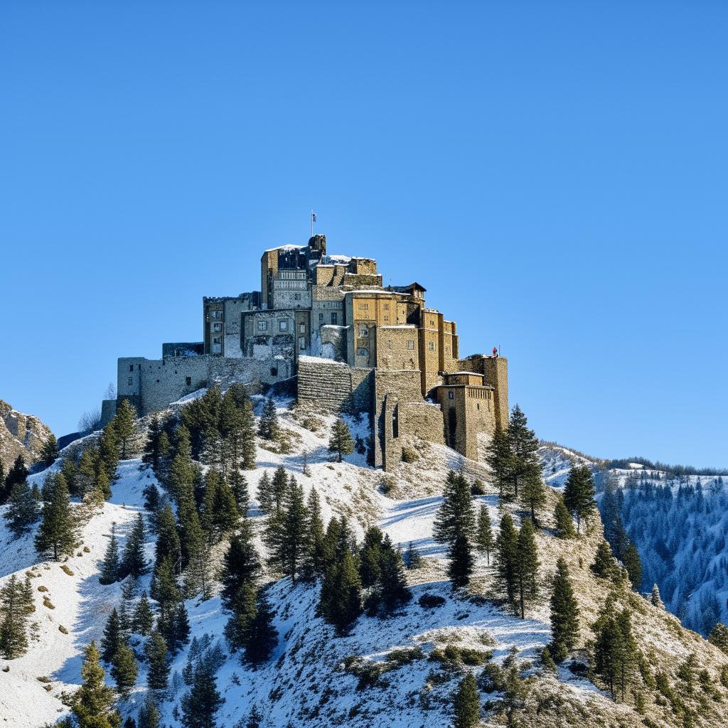 A majestic medieval castle perched atop a rugged, snow-capped mountain under a clear blue sky