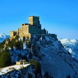 A majestic medieval castle perched atop a rugged, snow-capped mountain under a clear blue sky