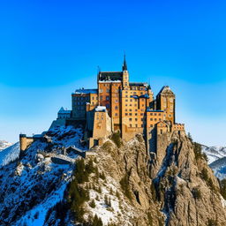 A majestic medieval castle perched atop a rugged, snow-capped mountain under a clear blue sky