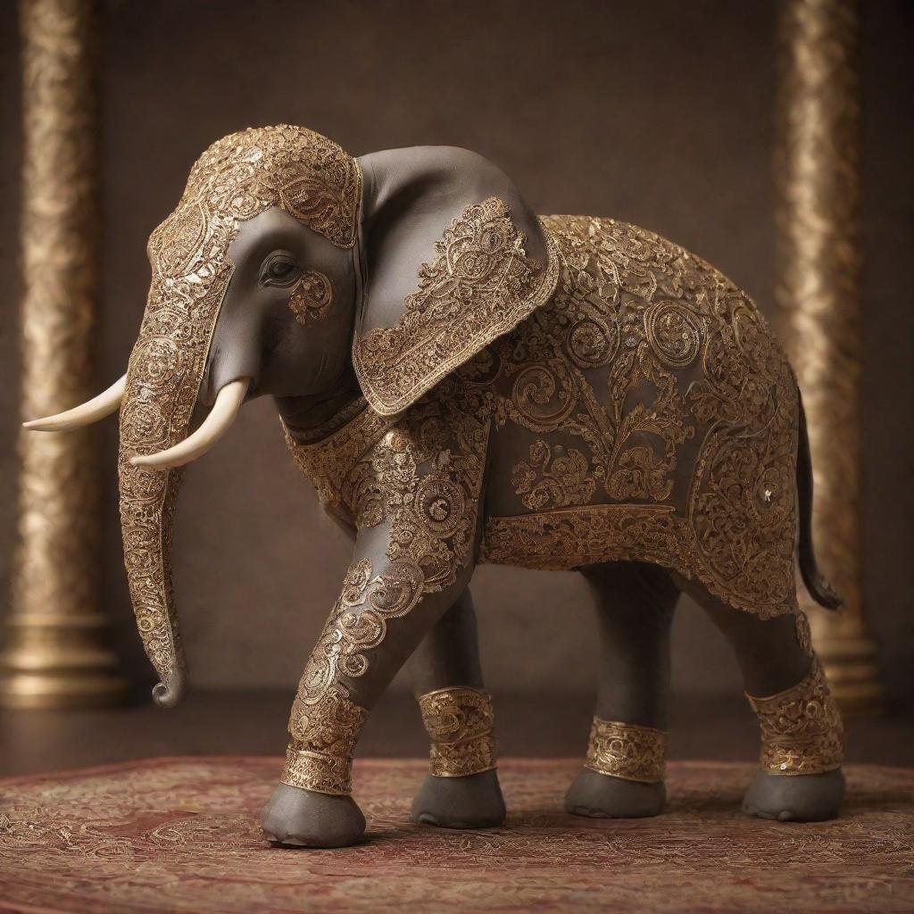 An elegant elephant, depicted as a symbol of prosperity. Decorated with fine, intricate patterns symbolizing wealth and abundance, confidently standing against a backdrop that exudes opulence and richness.