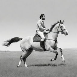 A sketch-style image of a person named Ehsan Awan, elegantly riding a horse across a wide-open, grassy field.