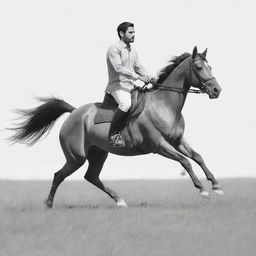 A sketch-style image of a person named Ehsan Awan, elegantly riding a horse across a wide-open, grassy field.