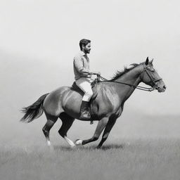 A sketch-style image of a person named Ehsan Awan, elegantly riding a horse across a wide-open, grassy field.