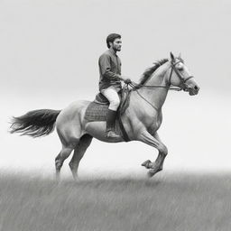 A sketch-style image of a person named Ehsan Awan, elegantly riding a horse across a wide-open, grassy field.