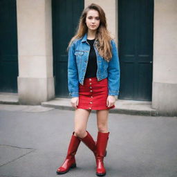 A stylish girl with flowing untied hair, donned in a fully buttoned denim jacket, matching knee-length denim skirt over black trousers, and bold red boots.