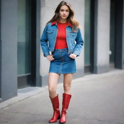 A stylish girl with flowing untied hair, donned in a fully buttoned denim jacket, matching knee-length denim skirt over black trousers, and bold red boots.