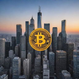 Modern city skyline with Bitcoin logos integrated into the architecture