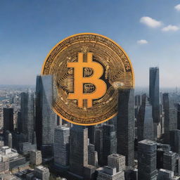 Modern city skyline with Bitcoin logos integrated into the architecture