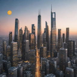 Modern city skyline with Bitcoin logos integrated into the architecture