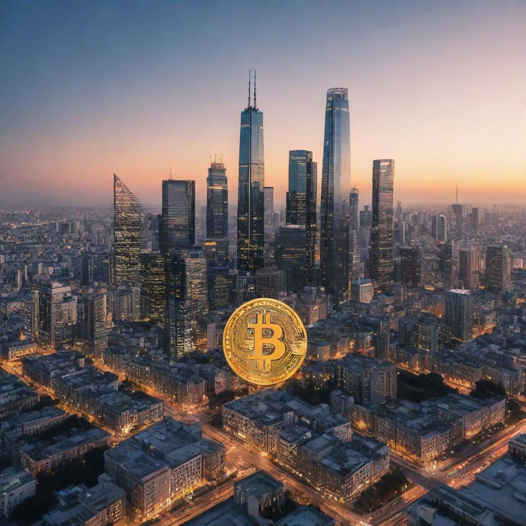 Modern city skyline with Bitcoin logos integrated into the architecture