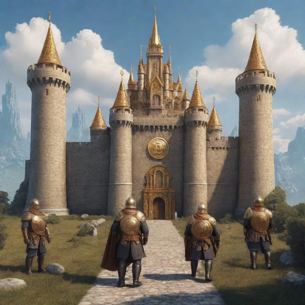 Imaginary Bitcoin kingdom with its guards portrayed in a fantasy style