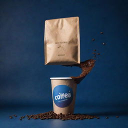 A dramatic and artistic commercial cinematic poster of a coffee packaging bag and take away coffee cup hovering together in the air, set against a dark blue backdrop, in a color palette of pale, brown, and yellowish-brown, emphasized with coffee beans and coffee splashes in the background.