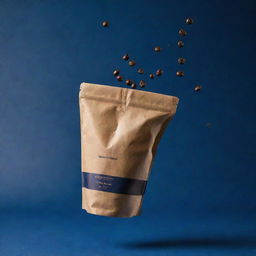 A dramatic and artistic commercial cinematic poster of a coffee packaging bag and take away coffee cup hovering together in the air, set against a dark blue backdrop, in a color palette of pale, brown, and yellowish-brown, emphasized with coffee beans and coffee splashes in the background.