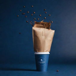 A dramatic and artistic commercial cinematic poster of a coffee packaging bag and take away coffee cup hovering together in the air, set against a dark blue backdrop, in a color palette of pale, brown, and yellowish-brown, emphasized with coffee beans and coffee splashes in the background.