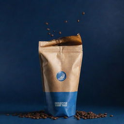 A dramatic and artistic commercial cinematic poster of a coffee packaging bag and take away coffee cup hovering together in the air, set against a dark blue backdrop, in a color palette of pale, brown, and yellowish-brown, emphasized with coffee beans and coffee splashes in the background.