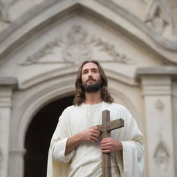 A peaceful and respectful portrayal of Lord Jesus with a cross, in front of an ornate, historical church