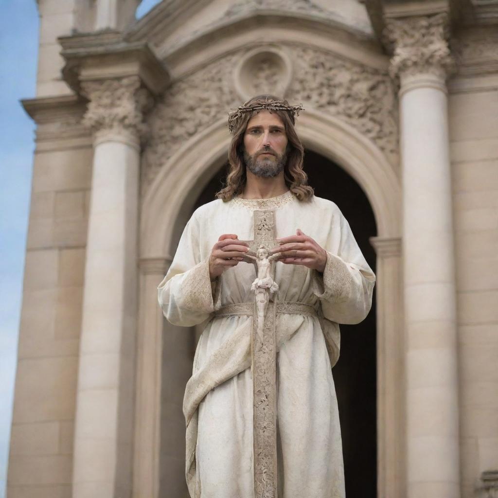 A peaceful and respectful portrayal of Lord Jesus with a cross, in front of an ornate, historical church