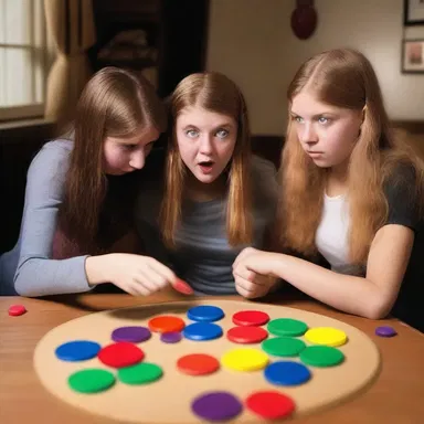 In the mysterious haunted house, a group of teenagers decided to play a horrifying version of tiddlywinks, where the plastic disks came alive and chased them around the room.