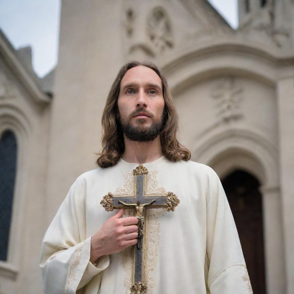 A peaceful and respectful portrayal of Lord Jesus with a cross, in front of an ornate, historical church