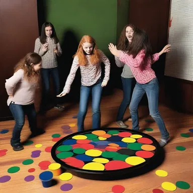 In the mysterious haunted house, a group of teenagers decided to play a horrifying version of tiddlywinks, where the plastic disks came alive and chased them around the room.
